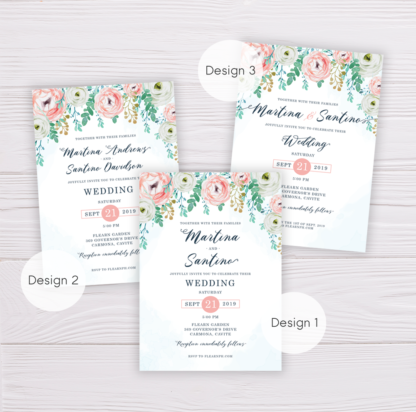 Blue Watercolor & Blush Flowers Wedding Invitation
