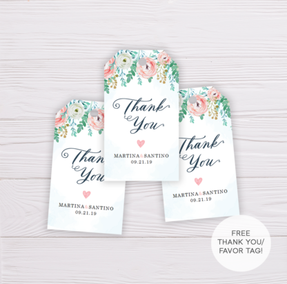 Blue Watercolor & Blush Flowers Wedding Thank You Tag