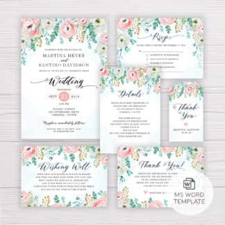 Blue Watercolor & Blush Flowers Wedding Invitation Suite Template