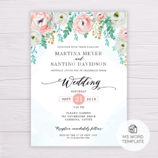 Blue Watercolor & Blush Flowers Wedding Invitation Template