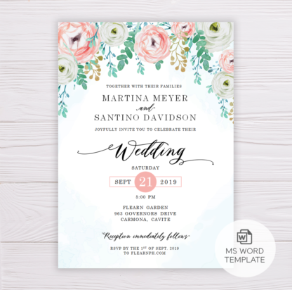 Blue Watercolor & Blush Flowers Wedding Invitation Template