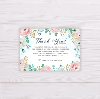 Blue Watercolor & Blush Flowers Wedding Invitation Suite Template - Thank you Card