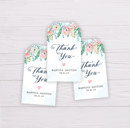 Blue Watercolor & Blush Flowers Wedding Invitation Suite Template - Thank You Tag