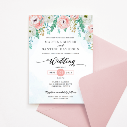 Wedding Invitation Template - Blue Watercolor & Blush Flowers