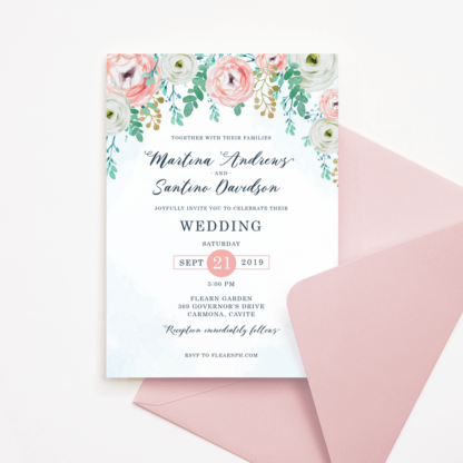 Wedding Invitation - Blue Watercolor & Blush Flowers