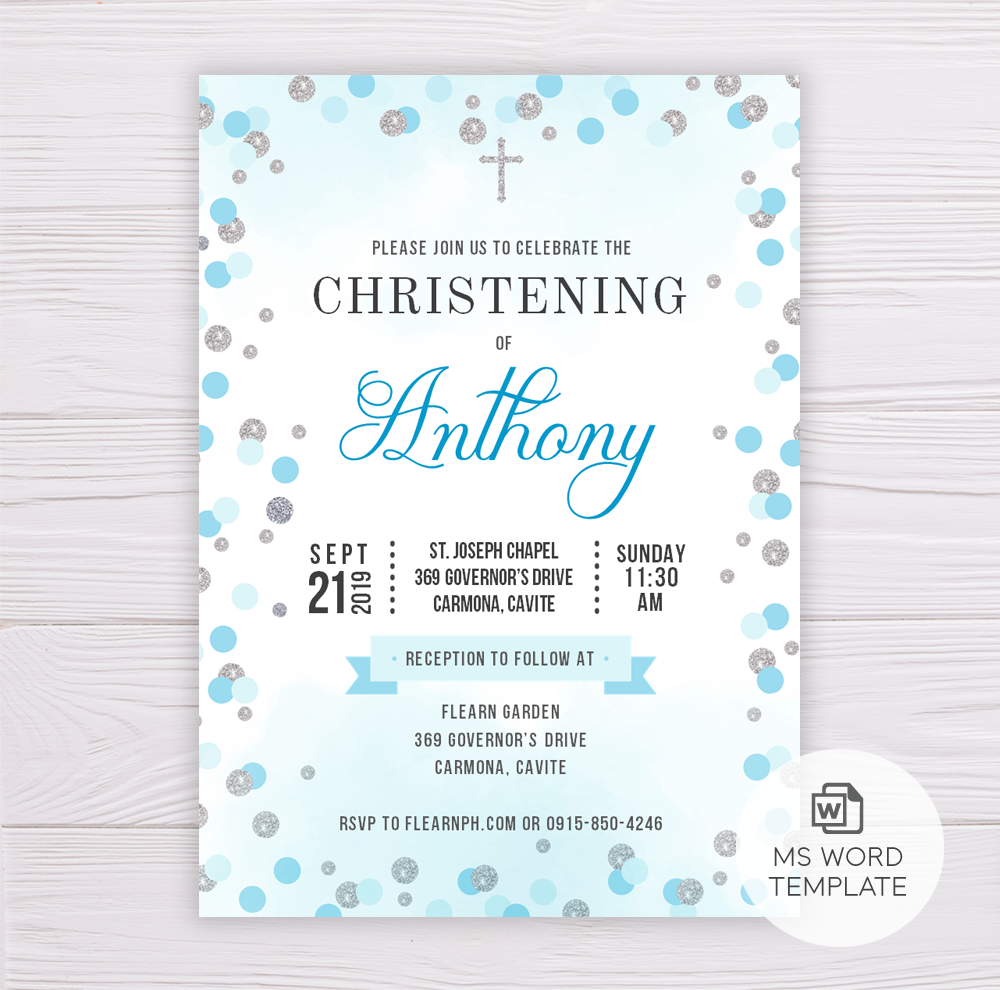 Blue & Silver Dots Christening/Baptism Invitation Template – Dgtally In Blank Christening Invitation Templates