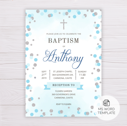 Blue & Silver Circles/Dots Baptism Invitation Template