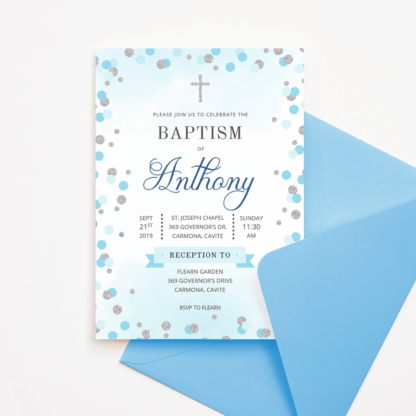 Blue & Silver Circles/Dots Baptism Invitation Template