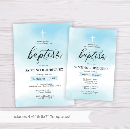 Blue Watercolor Baptism Invitation Template