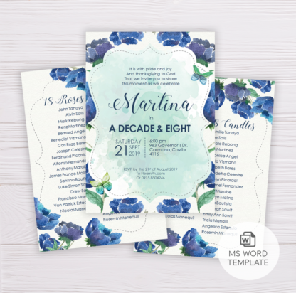Blue Watercolor Flowers Debut Invitation Template