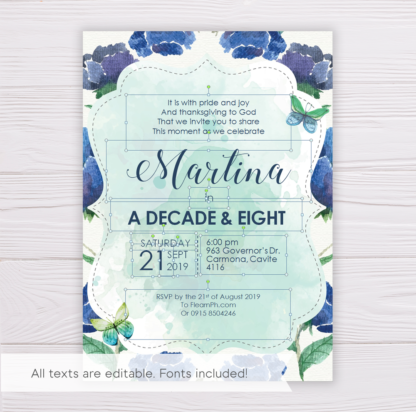 Blue Watercolor Flowers Debut Invitation Template