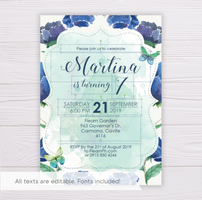 Blue Watercolor Flowers Birthday Invitation Template