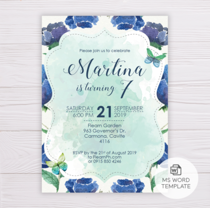 Blue Watercolor Flowers Birthday Invitation Template
