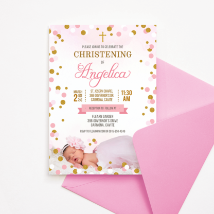 Baptism/Christening Invitation with Picture - Pink & Gold Glittered Dots