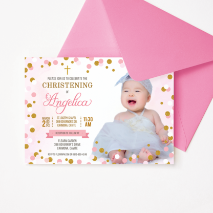 Baptism/Christening Invitation with Picture - Pink & Gold Glittered Dots