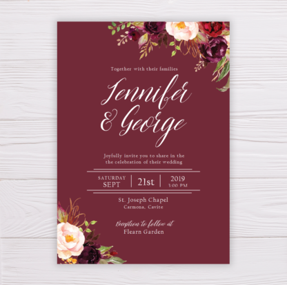 Maroon Marsala Flowers Wedding Invitation Suite Template