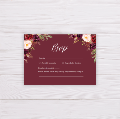 Maroon Marsala Flowers Wedding Invitation Suite Template - RSVP