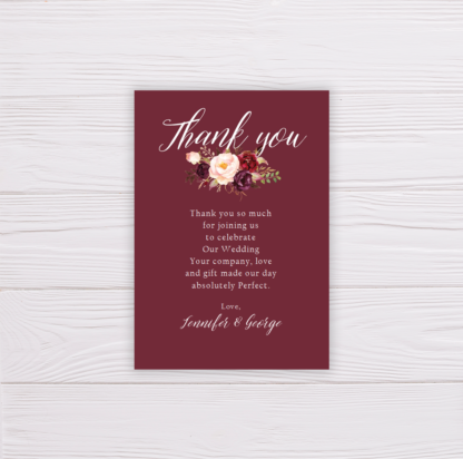 Maroon Marsala Flowers Wedding Invitation Suite Template - Thank You Card
