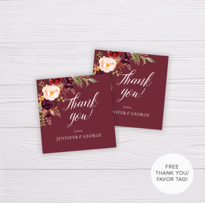 Maroon Marsala Flowers Wedding Invitation Suite Template - Thank You Tag