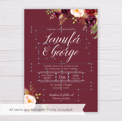 Maroon Marsala Flowers Wedding Invitation Template