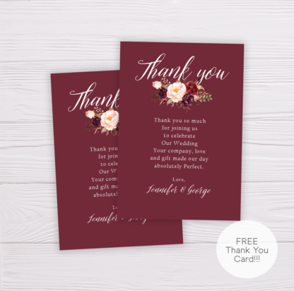 Maroon Marsala Flowers Wedding Invitation Template - Thank You Card