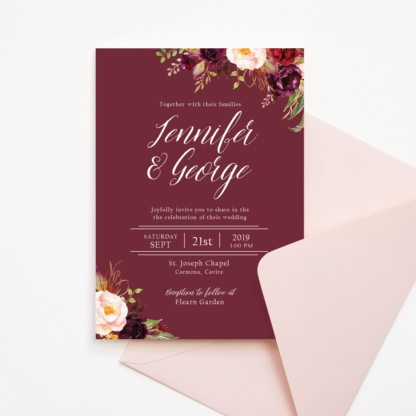 Maroon Wedding Invitation Template - Marsala Flowers