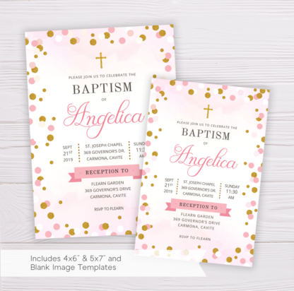 Pink & Gold Circles/Dots Baptism Invitation Template