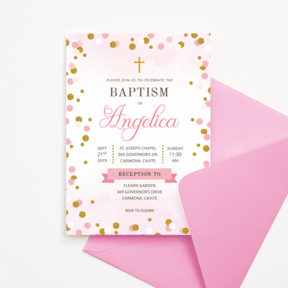 Pink & Gold Circles/Dots Baptism Invitation Template