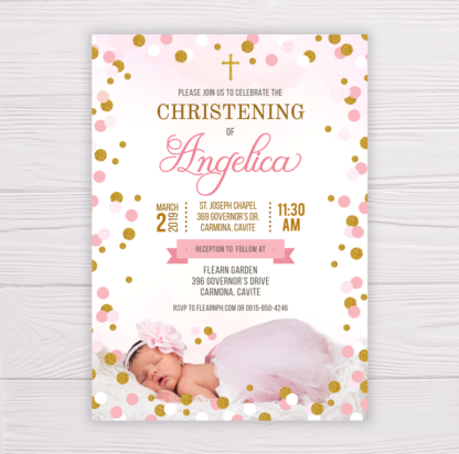 Pink & Gold Dots Christening/Baptism Invitation with Picture