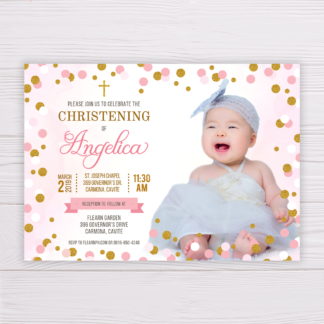 Pink & Gold Dots Christening/Baptism Invitation with Picture