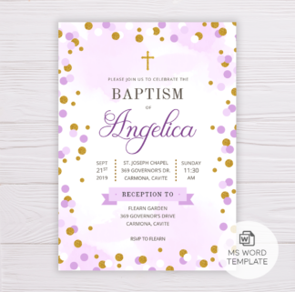 Purple & Gold Circles/Dots Baptism Invitation Template