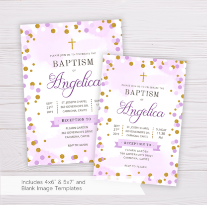 Purple & Gold Circles/Dots Baptism Invitation Template