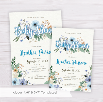 Blue Flowers Baby Shower Invitation Template