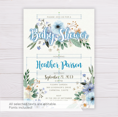 Blue Flowers Baby Shower Invitation Template