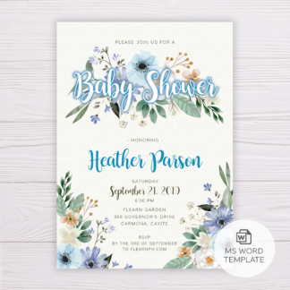 Blue Flowers Baby Shower Invitation Template