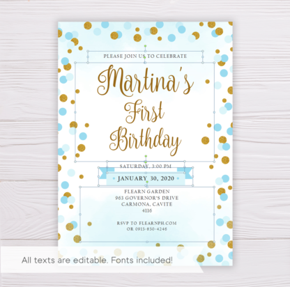 Blue & Gold Glitter Birthday Invitation Template
