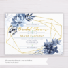 Blue Watercolor Flowers with Gold Frame Bridal Shower Invitation Template