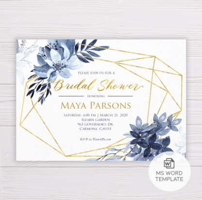 Blue Watercolor Flowers with Gold Frame Bridal Shower Invitation Template