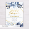 Blue Watercolor Flowers with Gold Frame Bridal Shower Invitation Template