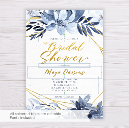 Blue Watercolor Flowers with Gold Frame Bridal Shower Invitation Template