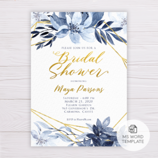 Blue Watercolor Flowers with Gold Frame Bridal Shower Invitation Template