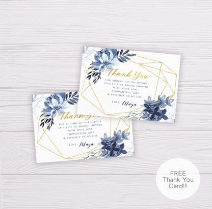 Blue Watercolor Flowers with Gold Frame Bridal Shower Thank You Card Template