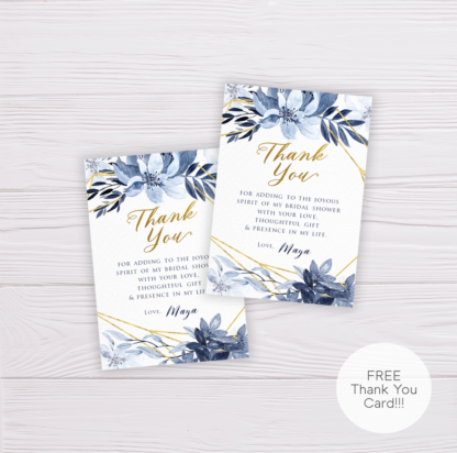 Blue Watercolor Flowers with Gold Frame Bridal Shower Thank You Card Template
