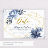 Blue Watercolor Flowers with Gold Frame Save the Date Template