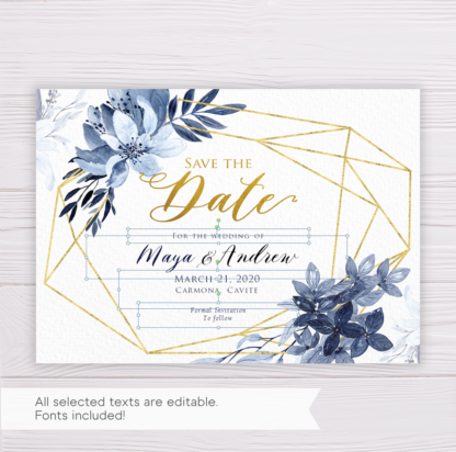 Blue Watercolor Flowers with Gold Frame Save the Date Template