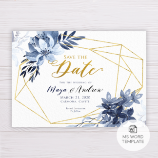 Blue Watercolor Flowers with Gold Frame Save the Date Template