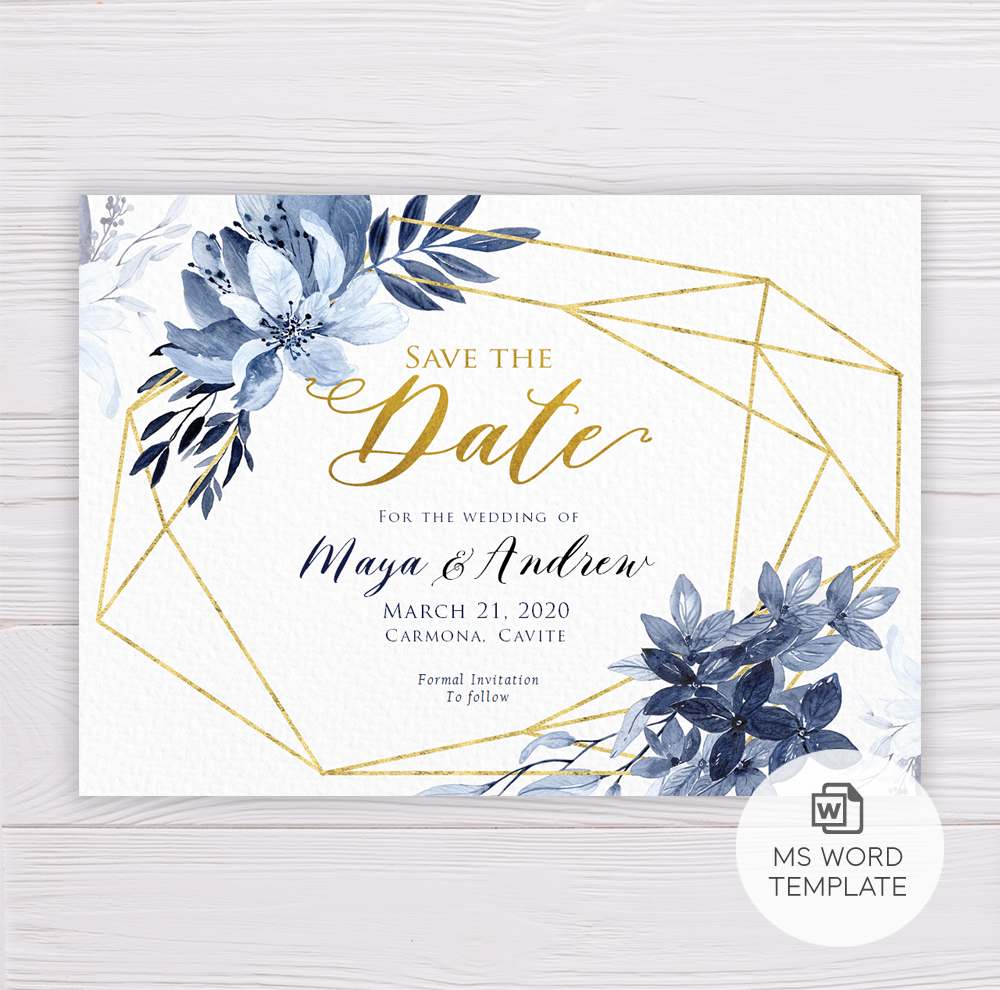 Save the Date Template with Blue Flowers & Gold Frame – Dgtally With Save The Date Template Word