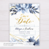 Blue Watercolor Flowers with Gold Frame Save the Date Template
