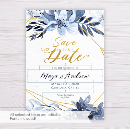 Blue Watercolor Flowers with Gold Frame Save the Date Template