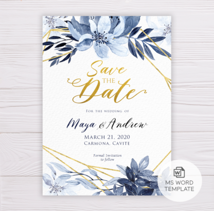 Save the Date Template with Blue Flowers & Gold Frame